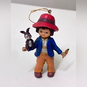Vintage Miniature Resin Composite Boy w/ Rabbit & Carrot Figurine Ornament